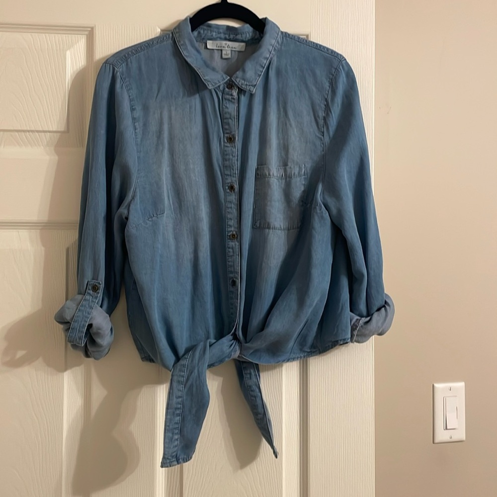 Faux denim button up size large shirt